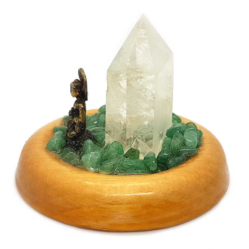 Buddha mit Bergkristall, Aventurin in Holzgefäß